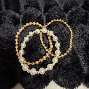 Gold Pearl Beaded Stretch Bracelet Set - Women Jewelry